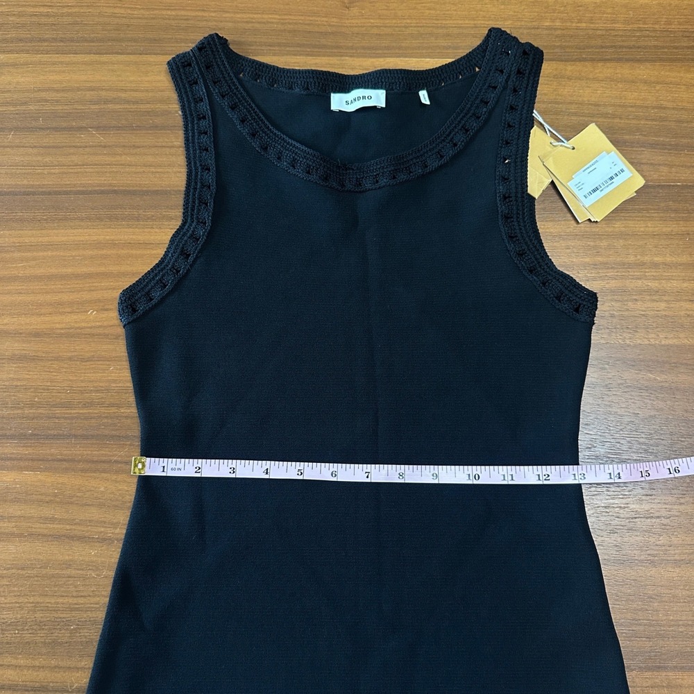 Sandro Crochet Fringe Black Resort Concert Midi Knit Dress, Cocktail LBD Large/8 - Picture 8 of 16